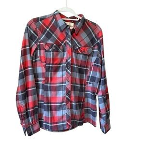 Simms Women's Red and Blue Gray Plaid Button Down Shirt